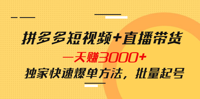 拼多多短视频+直播带货，一天赚3000+独家快速爆单方法，批量起号-甘南项目网