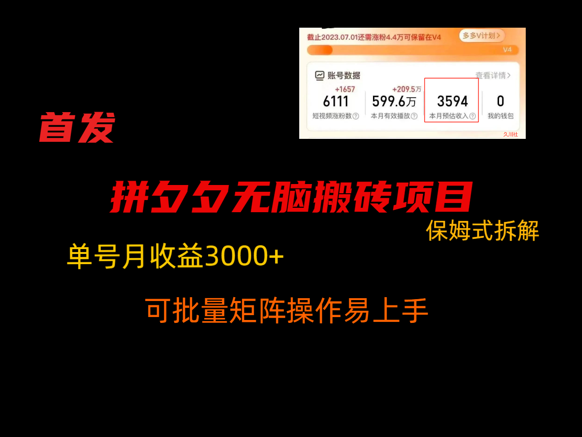 拼夕夕无脑搬砖，单号稳定收益3000+，保姆式拆解-甘南项目网