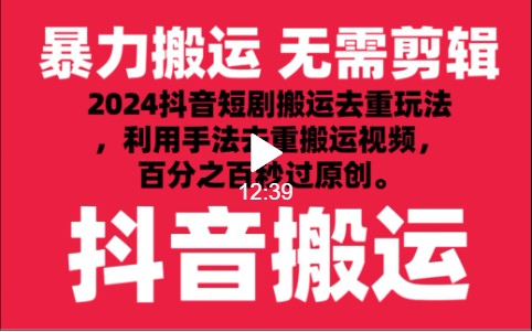 2024最新抖音搬运技术，抖音短剧视频去重，手法搬运，利用工具去重，秒过原创！-甘南项目网